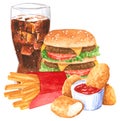 Fastfood set, ketchup, hamburger, french fies, cola, chicken nuggets Royalty Free Stock Photo