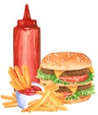 Fastfood set, ketchup, hamburger, french fies Royalty Free Stock Photo