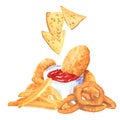 Fastfood set, ketchup, nachos, onion rings, french fies, hand drawn watercolor Royalty Free Stock Photo