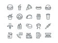 Fastfood. Set of outline vector icons. Includes such as Cheeseburger, Donut, Pizza and other. Editable Stroke. 48x48