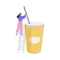 Fastfood with Woman Character at Big Soda Glass with Straw and Ladder Vector Illustration