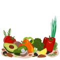 Fasting mimicking diet food, FMD products vector illustration. Vegetables, mushrooms, olives, and nuts.