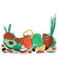 Fasting mimicking diet food, FMD products vector illustration. Vegetables, mushrooms, olives, and nuts.