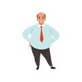Fat adult man with bald head. Cartoon male character in formal clothing blue shirt, red tie and black trousers. Office