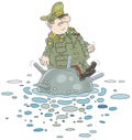 Fat army general on a naval mine in a sea
