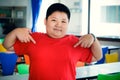 Fat Asian child boy has a smiling face, hands pointing at the chest Royalty Free Stock Photo