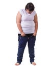 Fat asian woman trying to wear small size jeans isolated on whit Royalty Free Stock Photo