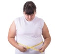 Fat Asian woman wear white t-shirt and checking her body size wi Royalty Free Stock Photo