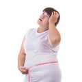 Fat Asian woman wear white t-shirt and checking her body size wi Royalty Free Stock Photo