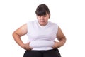 Fat Asian woman wear white t-shirt worried about her body size Royalty Free Stock Photo