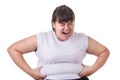 Fat Asian woman wear white t-shirt worried about her body size Royalty Free Stock Photo