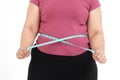 Fat Asian women use a Blue tape measure. Measure your belly size.