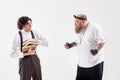 Fat bearded guy bullying to shy student