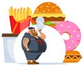 Fat biker smokes. Health care concept. Junk meal leads to obesity. Vector flat cartoon illustration.