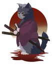 Bloodied Honor: The Cross-Cheeked Samurai Cat Beneath the Red Sun Royalty Free Stock Photo