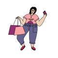 Fat body pozitive woman happy with bags after shopping Royalty Free Stock Photo