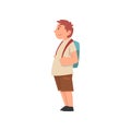 Fat Boy with Backpack, Side View, Cute Overweight Child Character Vector Illustration