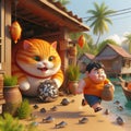 Fat boy chasing an orange cat who stole fish in a village in 3D