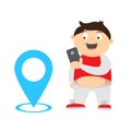 Fat boy finding and catch monsters with gps using smartphone. Royalty Free Stock Photo