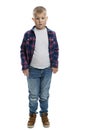 Fat boy in jeans and a shirt. Serious schoolboy. Back to school. Full height. Isolated on white background. Vertical Royalty Free Stock Photo