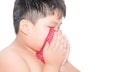 Fat boy Use a handkerchief when coughing isolated