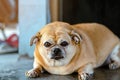 Fat brown old dog lying in front of the door and waiting for his owner to come home. Lonely cute dog lies on cement floor and