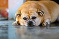 Fat brown old dog lying in front of the door and waiting for his owner to come home. Lonely cute dog lies on cement floor and