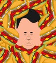 Fat and burgers. Joy of face and hamburgers fast food. Lucky Vector illustration