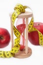 Fat Burning and Weight loss process. Diet and Fitness Concept. Red Apple and Tape Measure Isolated, close up. White Background. Ve