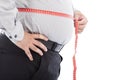 Fat business man use scale to measure his waistline Royalty Free Stock Photo