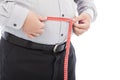 Fat business man use scale to measure his waistline Royalty Free Stock Photo