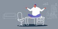 Fat businessman freelancer sitting lotus pose on table workplace desk obese business man keeping calm yoga meditation