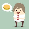 Fat businessman is thinking want to eat burger, business concept Royalty Free Stock Photo