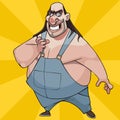 Fat cartoon smiling man with long hair in overalls