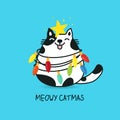 Fat cat act to be Christmas tree with colorful lightbulb
