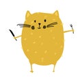 Fat cat with fork and knife in his hands for food blog kitchen. Fat cat stays before eating. Vector animal illustration Royalty Free Stock Photo