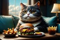 The fat cat is a glutton and eats a lot of junk food.