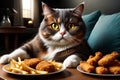 The fat cat is a glutton and eats a lot of junk food.