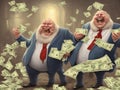 fat cat men millionaires laughing with plenty of money