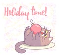 Fat cat playing with Christmas ornament. New year vector greeting card design