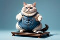 fat cat on scales measuring his weight, isolated on blue background