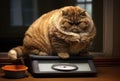 Fat cat on scales on. Weight control concept. Copy space Royalty Free Stock Photo