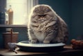 Fat cat on scales on. Weight control concept. Copy space Royalty Free Stock Photo