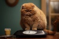 Fat cat on scales on. Weight control concept. Copy space Royalty Free Stock Photo