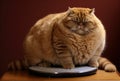 Fat cat on scales on. Weight control concept. Copy space Royalty Free Stock Photo