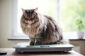 Fat Cat Sitting on Scales, Obesity Concept, Pet Overweight, Displeased Fluffy Kitty, Very Fat Cat