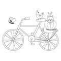 Fat cat with a small bird on his head, with a chicken and a bee on a bicycle black line drawing, doodle