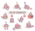 Fat cat sticker set for Christmas and New year holidays. Minimalistic design. Cartoon style. Vector illustration