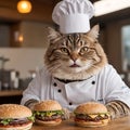 a fat cat wearing chef clothes, and cooking a burger infront of his restauran