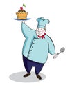 Fat chef with a delicious cake